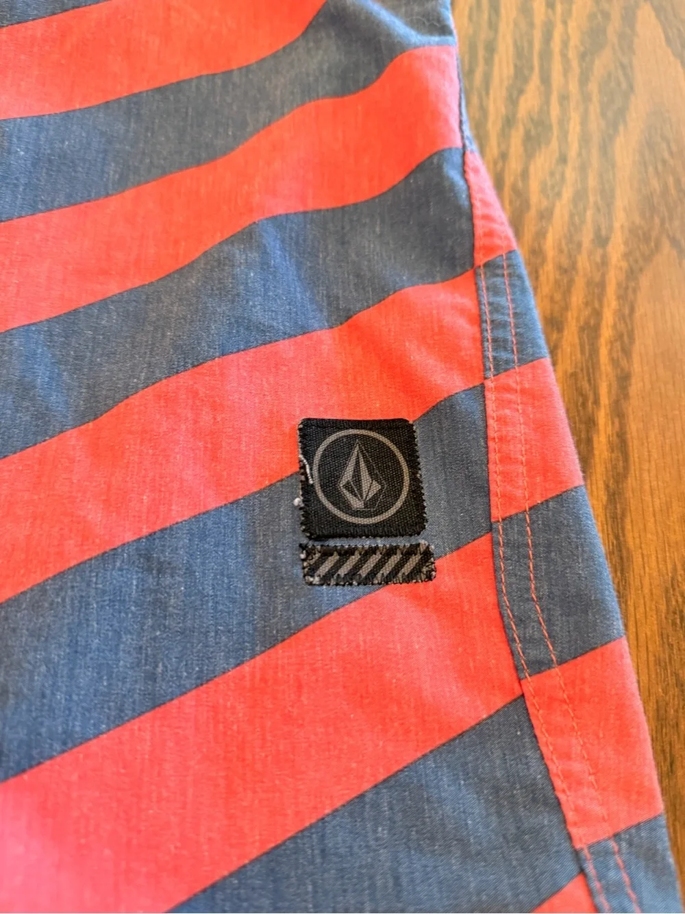 Volcom Men's Red and Navy Diagonal Stripe Swim Shorts